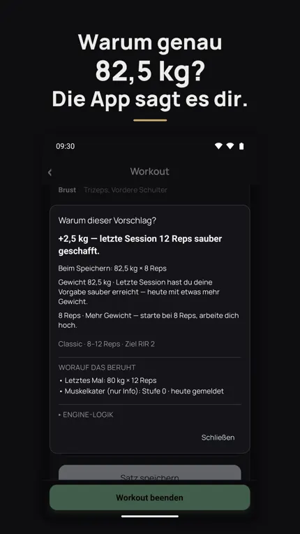 Das Warum-Sheet erklärt den Gewichtsvorschlag von 82,5 kg